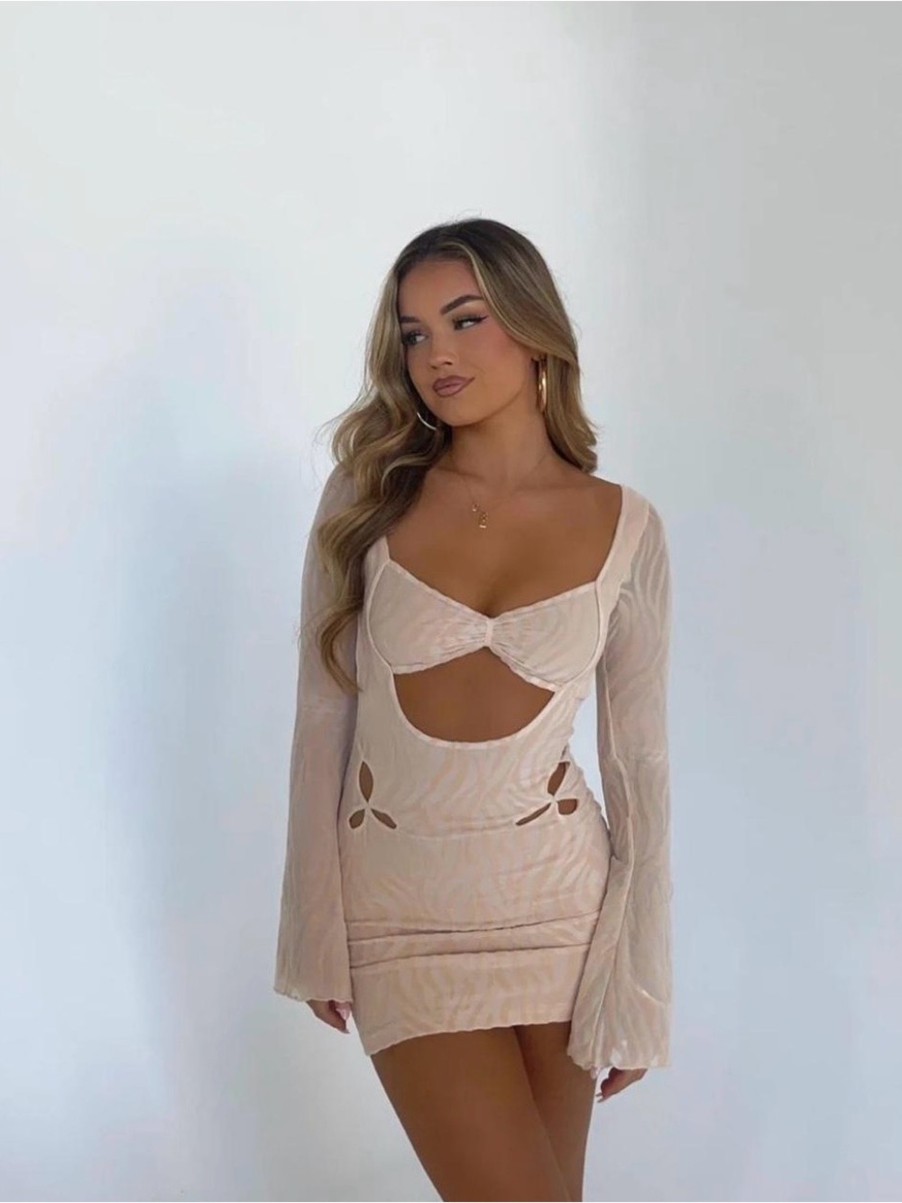 Outcast Beige Cutout Long Sleeve Mini Dress